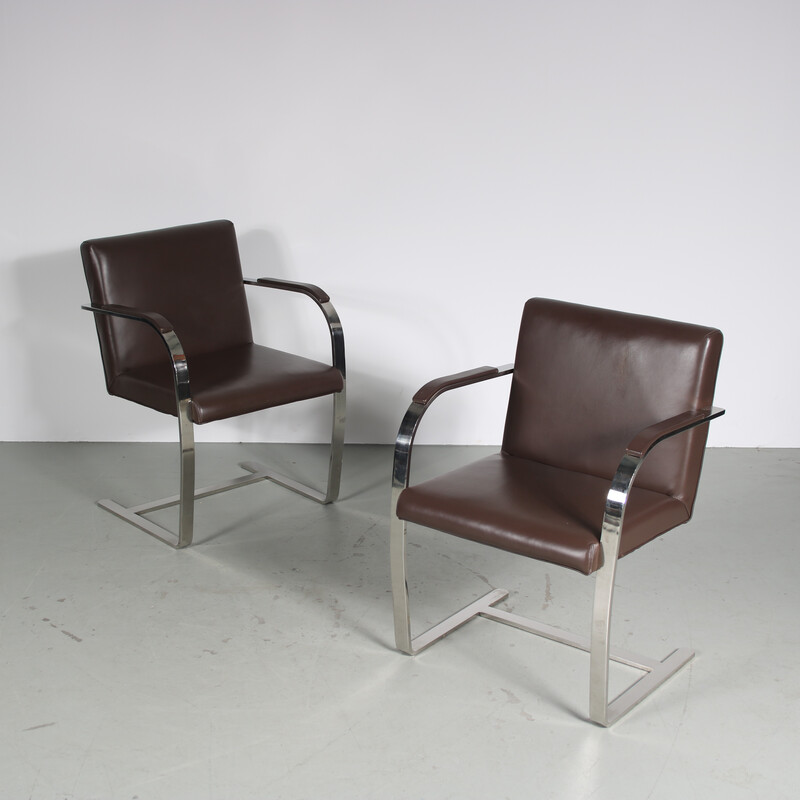 Pair of vintage “Brno” armchairs in chromed flat metal by Mies Van Der Rohe, Italy 1970
