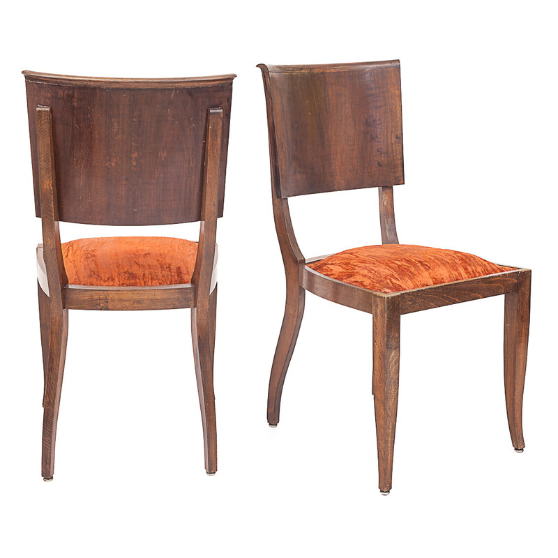Pair of vintage Art Deco chairs in studded velvet and brass, 1930