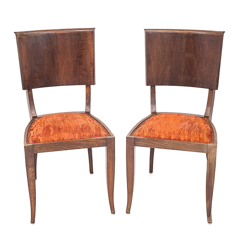 Pair of vintage Art Deco chairs in studded velvet and brass, 1930