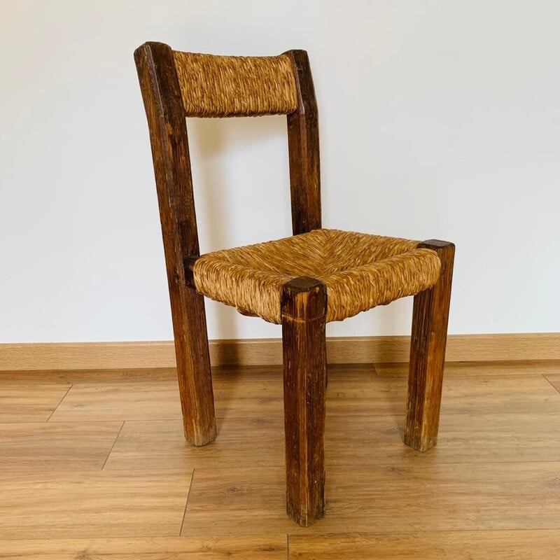 Vintage pine and straw chair, France 1950