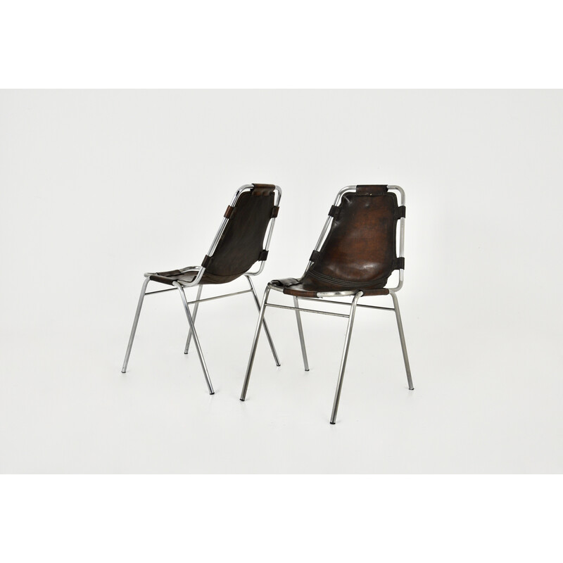 Pair of vintage "Les Arcs" chairs in leather and chromed metal by Charlotte Perriand, France 1960