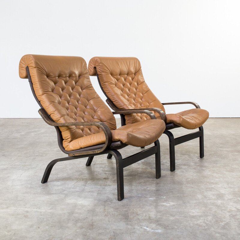 Pair of vintage cognac leather armchairs - 1970s