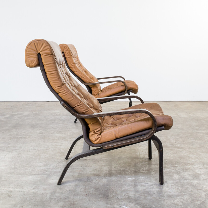 Paire de fauteuils vintage en cuir cognac - 1970