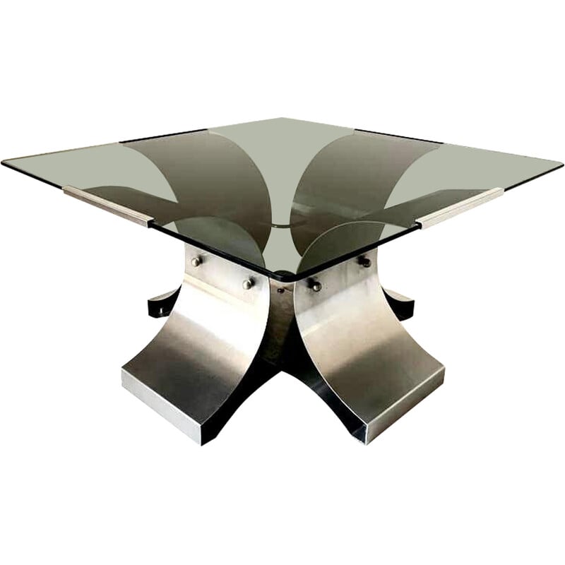 Table basse vintage en verre fumé et aluminium par François Monnet, France 1970