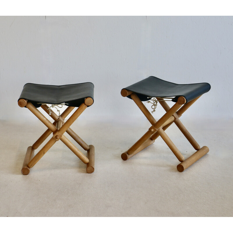 Pair of vintage folding stools in light wood and skai, France 1980