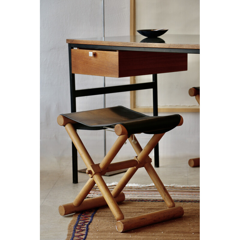 Pair of vintage folding stools in light wood and skai, France 1980