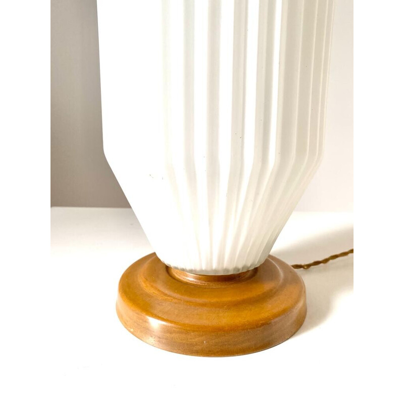Vintage Art Deco table lamp in white opaline and wood, Italy 1940