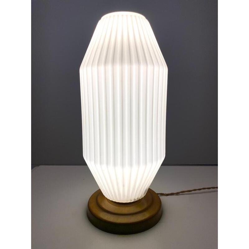 Vintage Art Deco table lamp in white opaline and wood, Italy 1940