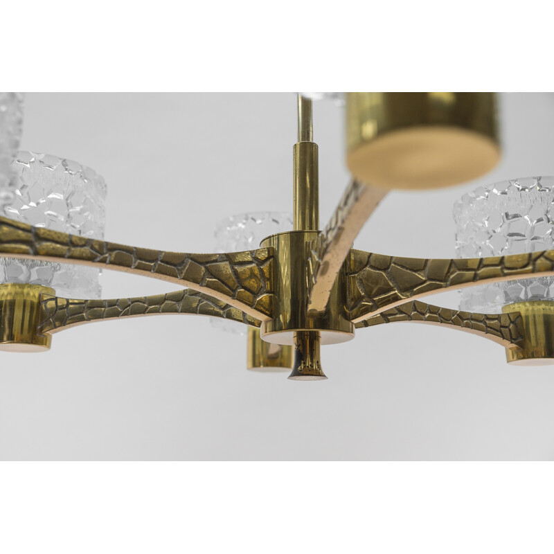 Vintage Sputnik pendant lamp with 6 arms in brass and crystal glass, Austria 1950