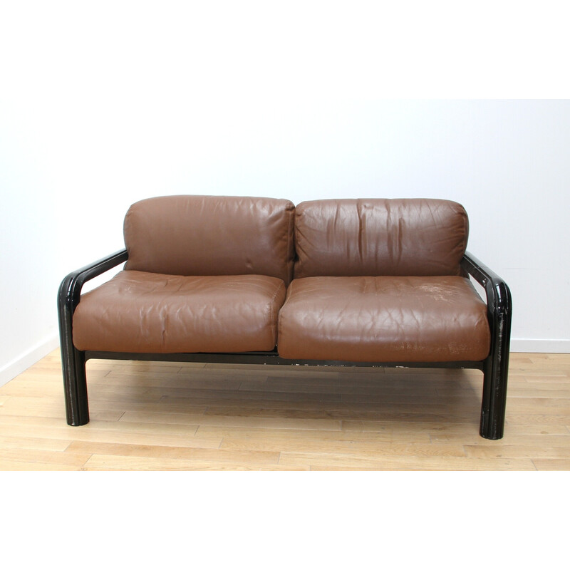 Vintage Orsay 2-seater sofa in black tinted metal and brown leather cushion by Gae Aulenti for Knoll