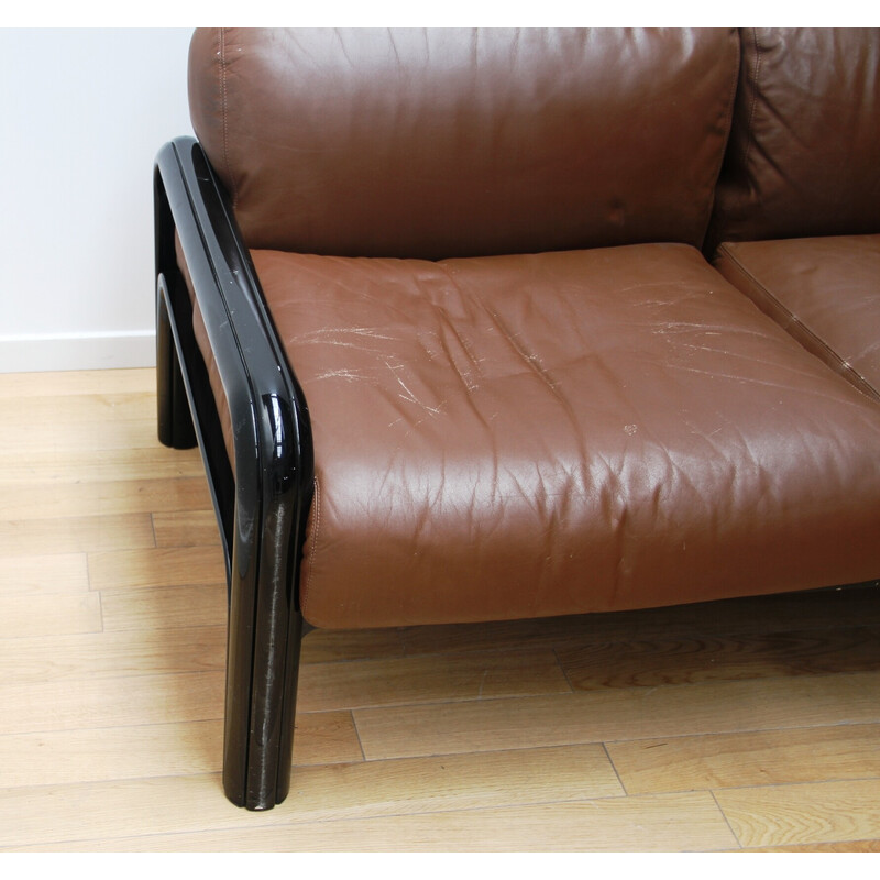 Vintage Orsay 2-Sitzer-Sofa aus schwarz gebeiztem Metall und braunem Lederkissen von Gae Aulenti für Knoll