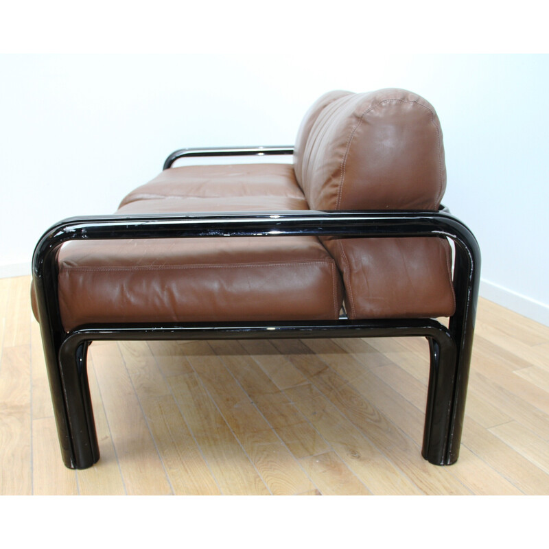 Vintage Orsay 2-Sitzer-Sofa aus schwarz gebeiztem Metall und braunem Lederkissen von Gae Aulenti für Knoll