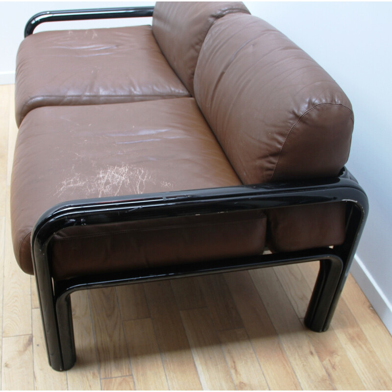 Sofá vintage Orsay de 2 lugares em metal preto manchado e almofada em pele castanha por Gae Aulenti para Knoll