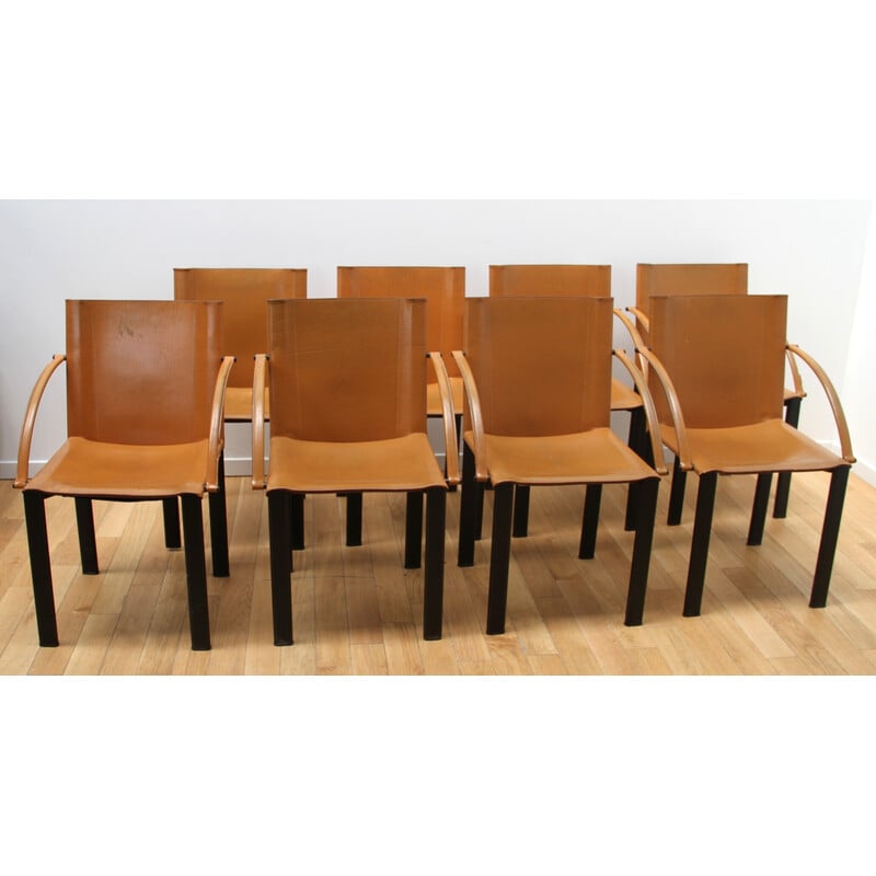 Set of 8 vintage dining chairs in metal and tan leather by Matteo Grassi