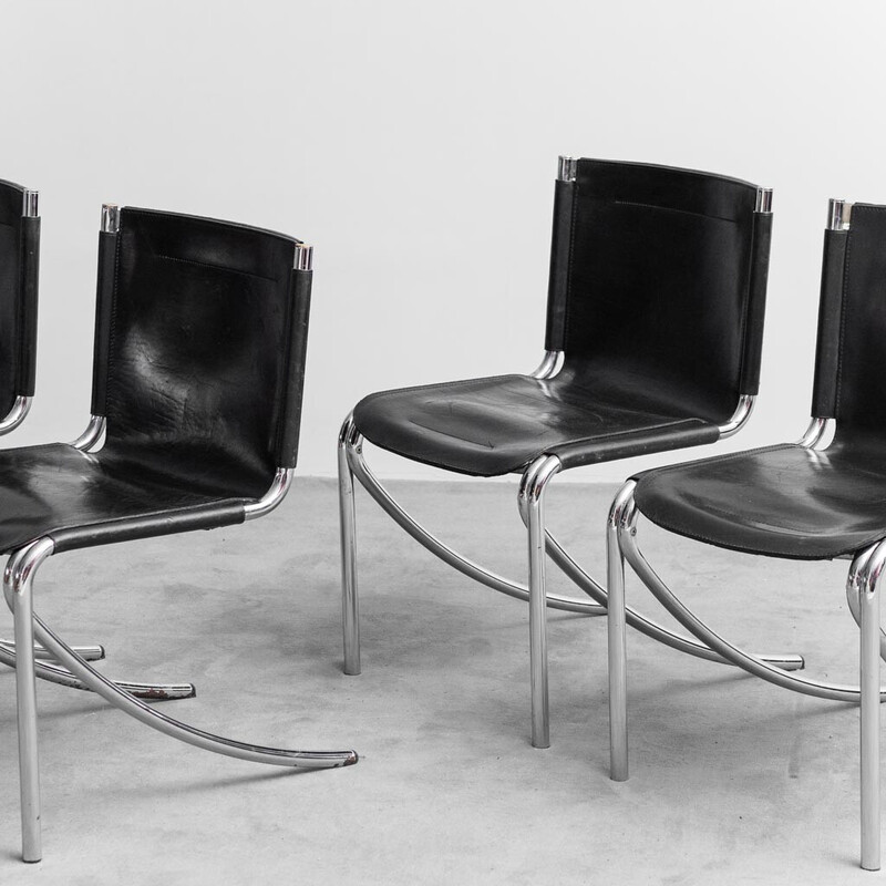 Set of 4 vintage Jot chairs in metal and black leather by Giotto Stoppino for Acerbis, 1970