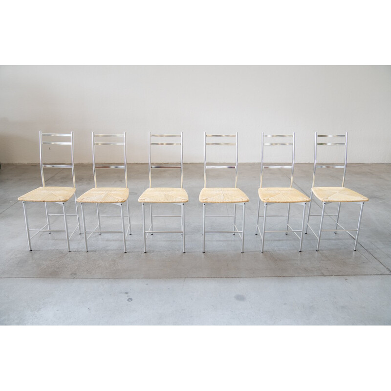 Set of 6 vintage aluminum and straw chairs from Ycami, 1970