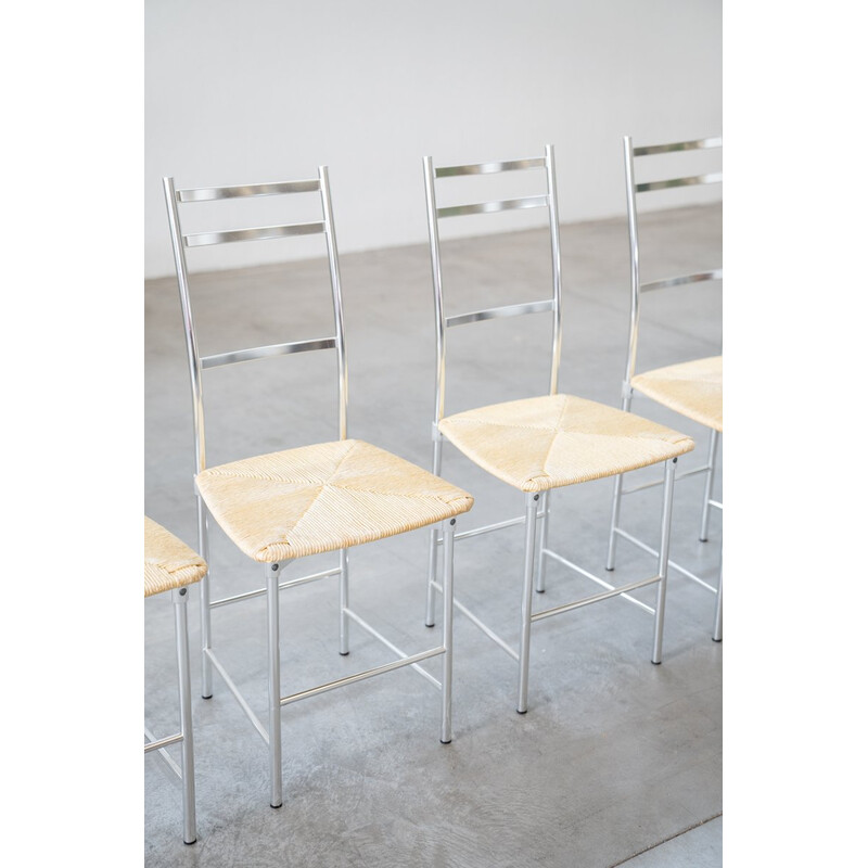 Set of 6 vintage aluminum and straw chairs from Ycami, 1970