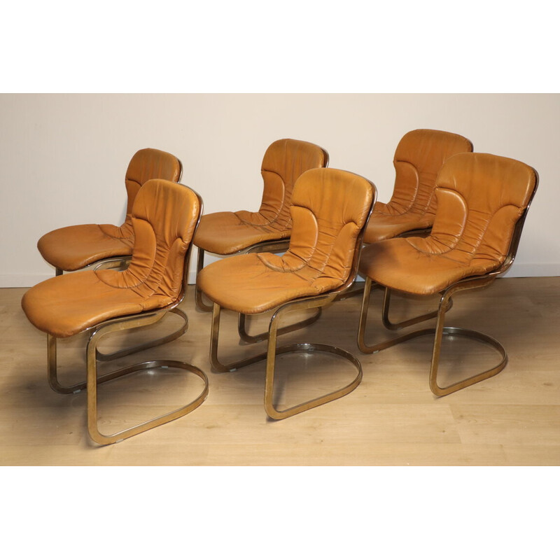 Set of 6 vintage Cidue leather and metal chairs, Italy 1970
