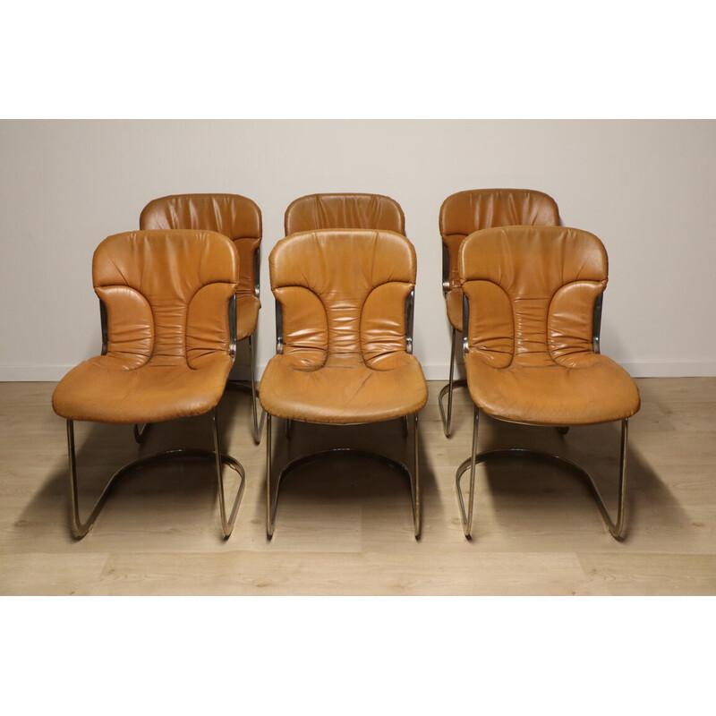 Set of 6 vintage Cidue leather and metal chairs, Italy 1970