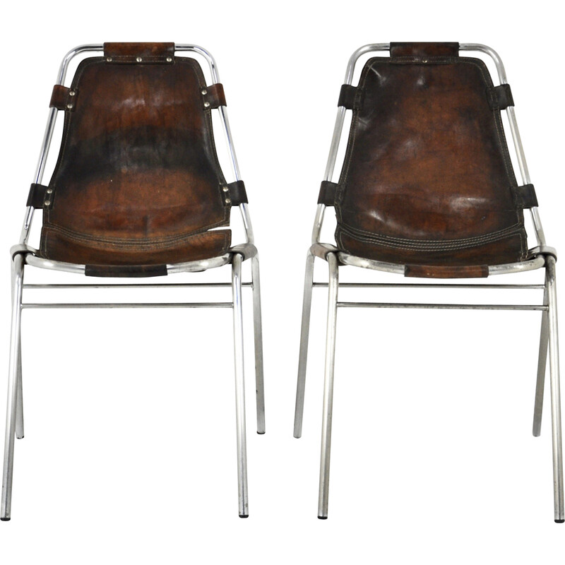 Pair of vintage "Les Arcs" chairs in leather and chromed metal by Charlotte Perriand, France 1960