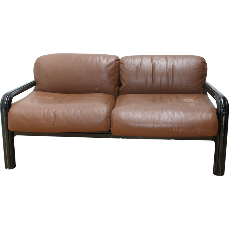 Vintage Orsay 2-Sitzer-Sofa aus schwarz gebeiztem Metall und braunem  Lederkissen von Gae Aulenti für