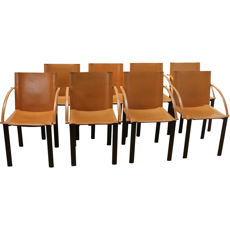 Set of 8 vintage dining chairs in metal and tan leather by Matteo Grassi