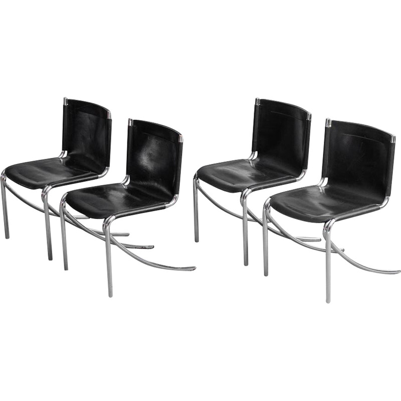 Set of 4 vintage Jot chairs in metal and black leather by Giotto Stoppino for Acerbis, 1970