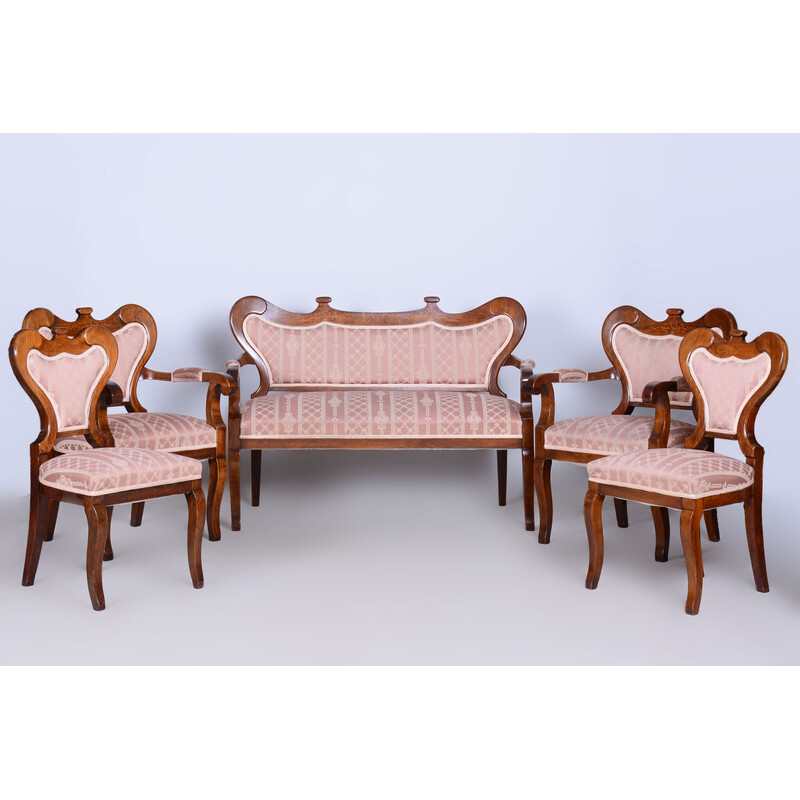Conjunto de assentos Biedermeier vintage em carvalho e nogueira, Áustria 1840