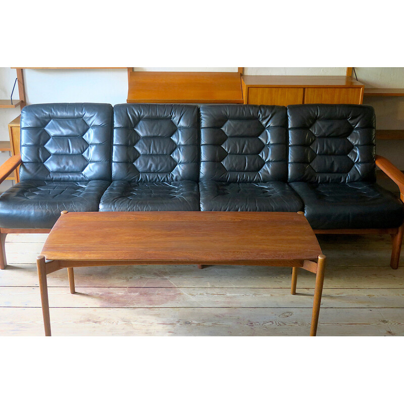 Vintage 4-seater sofa in wood and leather, Denmark 1970