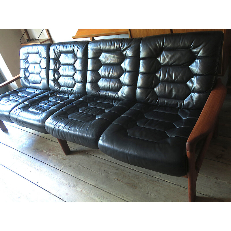 Vintage 4-seater sofa in wood and leather, Denmark 1970