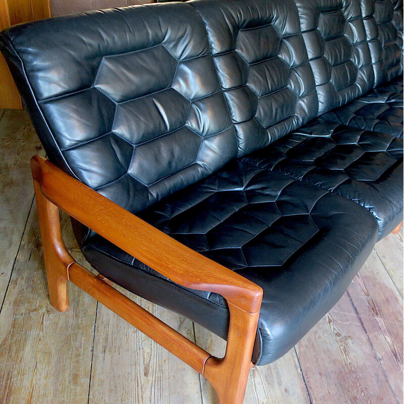 Vintage 4-seater sofa in wood and leather, Denmark 1970