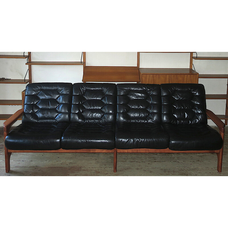 Vintage 4-seater sofa in wood and leather, Denmark 1970