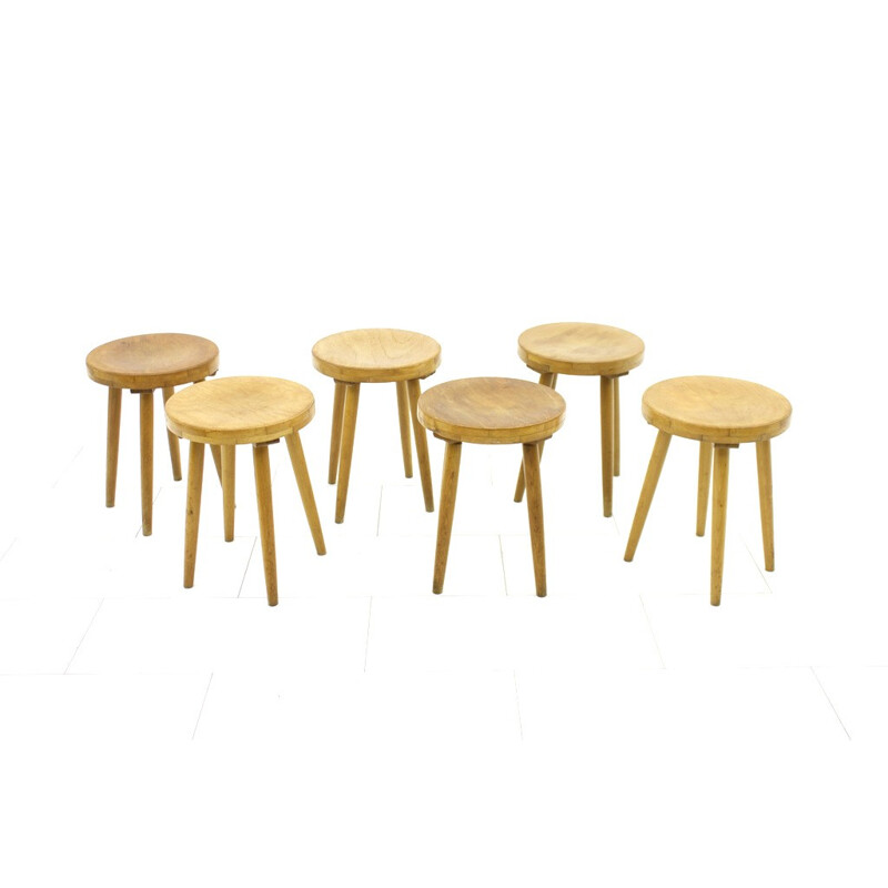 Set of 6 solid wood stools, Germany - 1950s