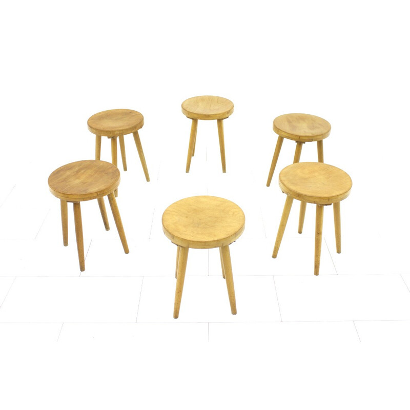 Set of 6 solid wood stools, Germany - 1950s