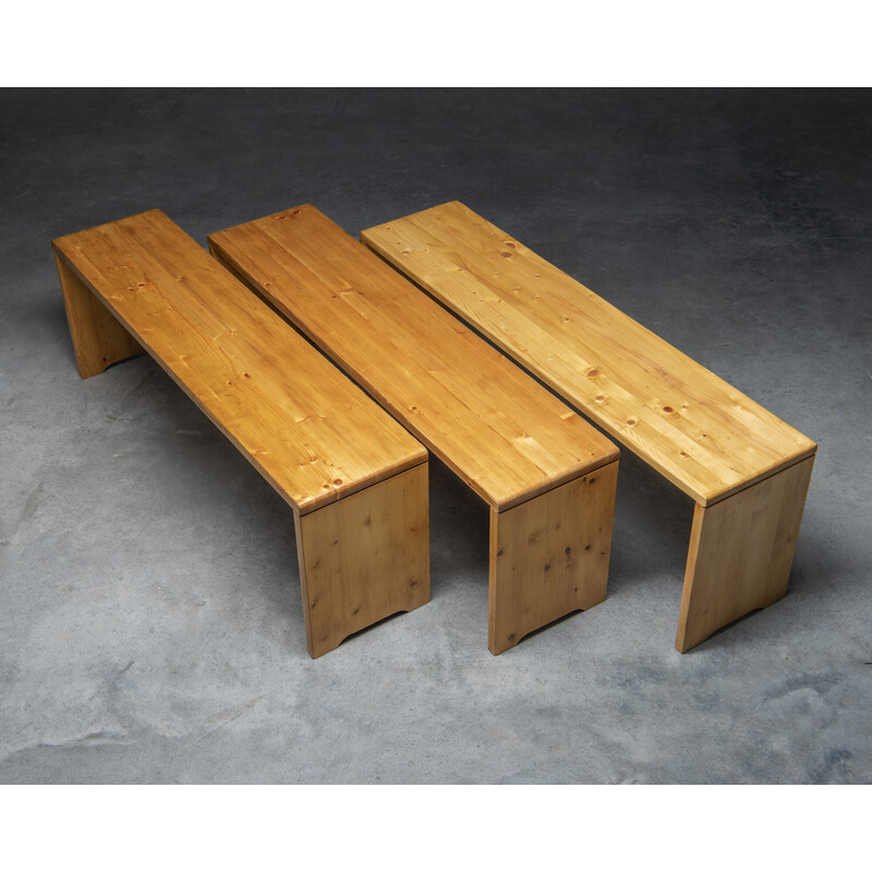 Vintage solid pine benches, selected by Charlotte Perriand for Les Arcs, France 1960