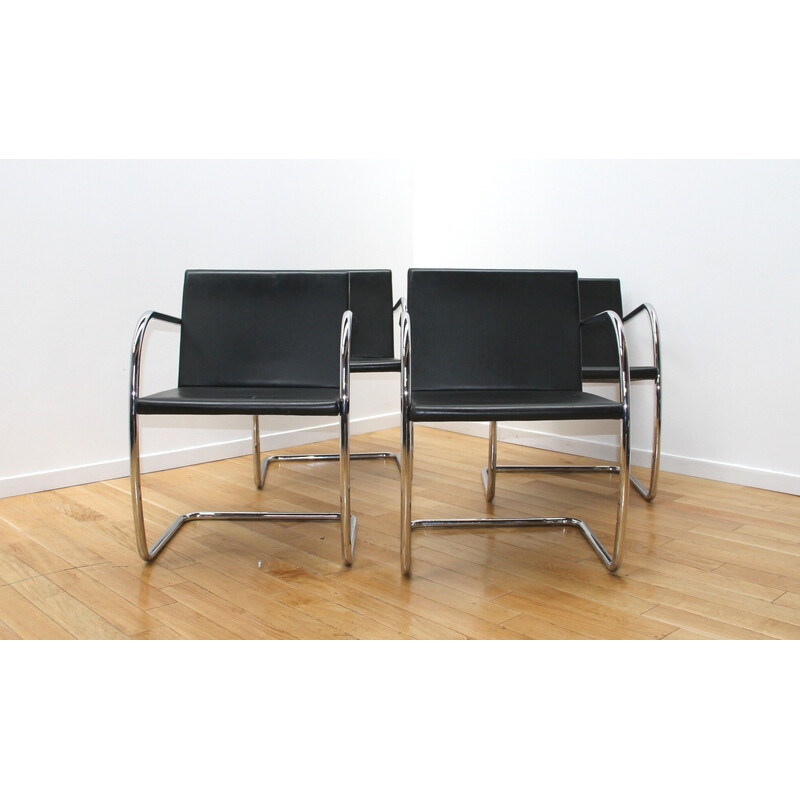 Vintage Brno 2 office armchairs in chrome metal and leather by Mies Van Der Rohe for Stodio Knoll