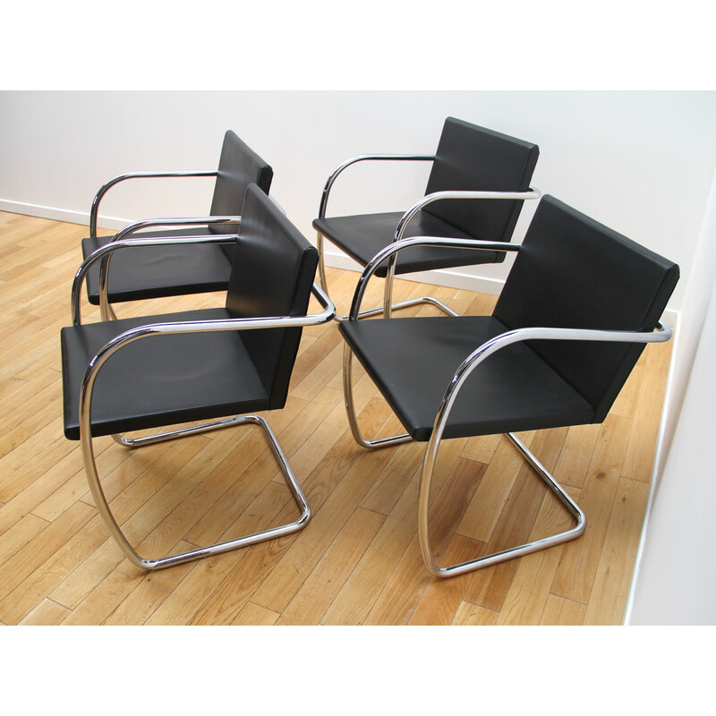 Vintage Brno 2 office armchairs in chrome metal and leather by Mies Van Der Rohe for Stodio Knoll