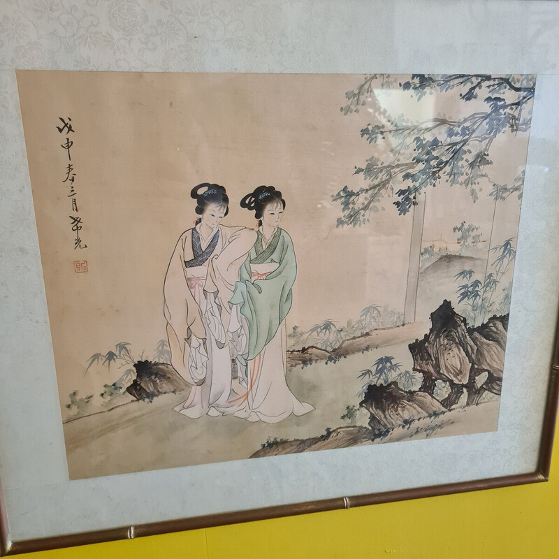 Vintage Chinese watercolor on silk depicting 2 Geishas, ​​1950