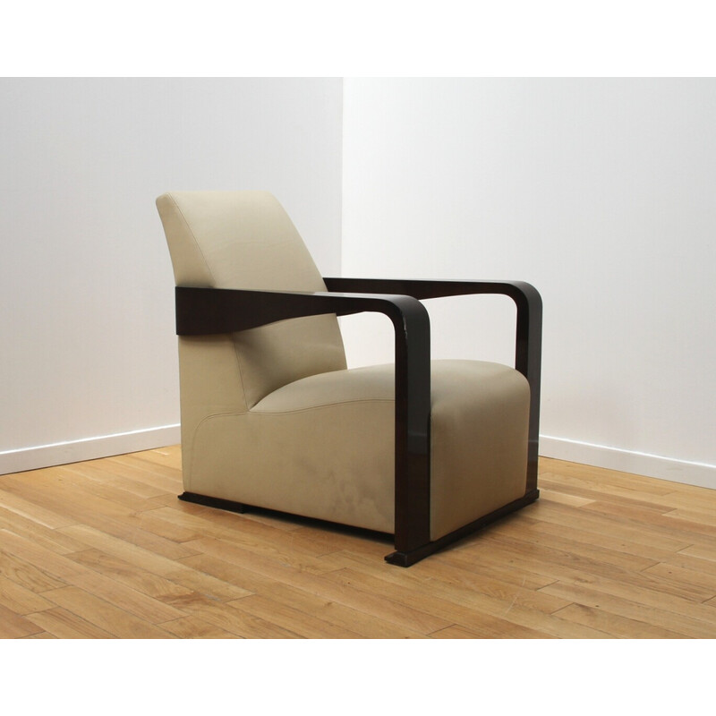 Vintage Ying armchair in wood and leather by Hugues Chevalier