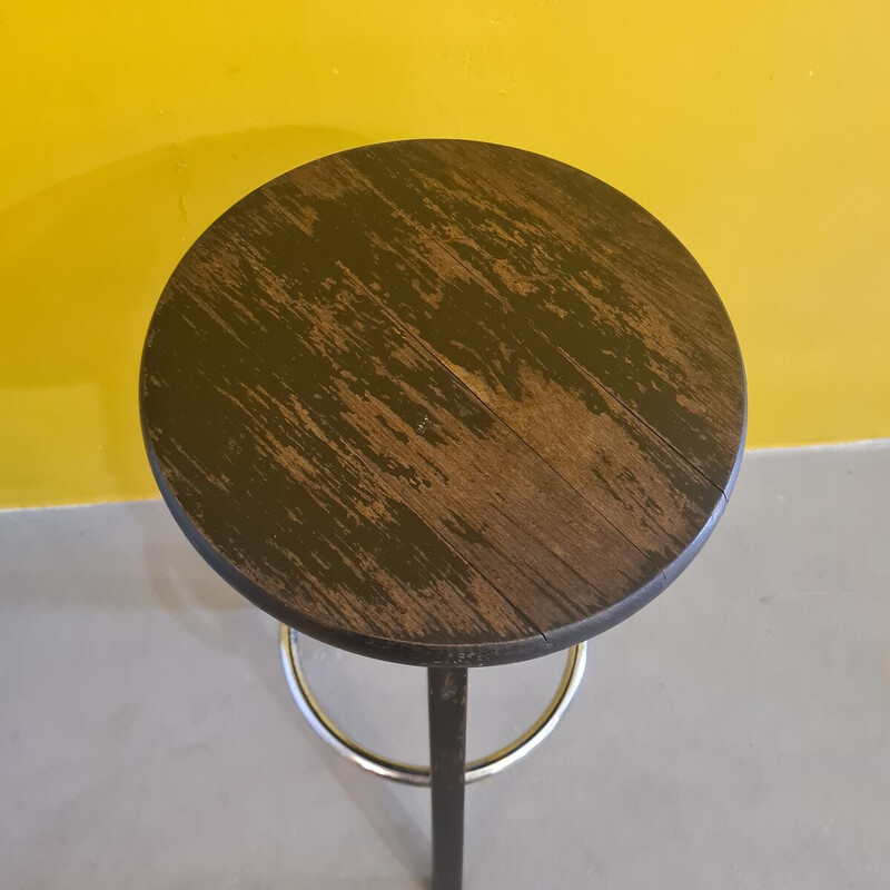 Vintage workshop stool in blackened wood and chromed metal, 1980