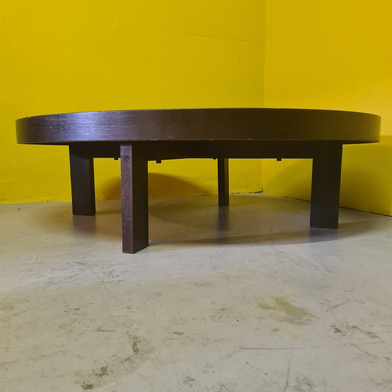 Table basse vintage ovale en céramique et bois par Roger Capron, 1960