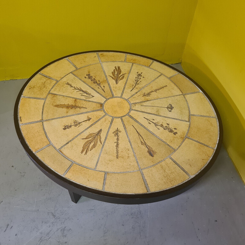 Mesa de centro oval vintage em cerâmica e madeira de Roger Capron, 1960