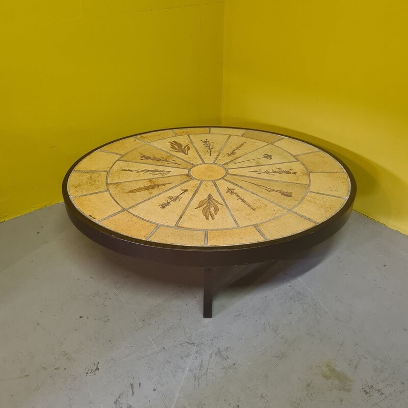 Vintage oval ceramic and wood coffee table by Roger Capron, 1960