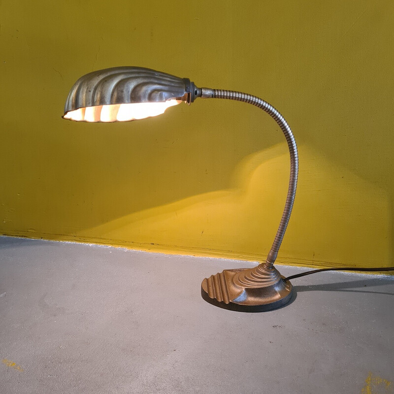 Vintage + Vintage Brass Gooseneck Clam Shell Shade Desk Lamp