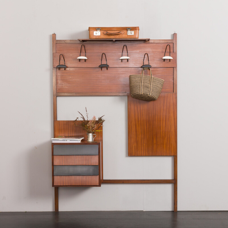 Vintage mahogany coat rack with chest of drawers, Italy 1970