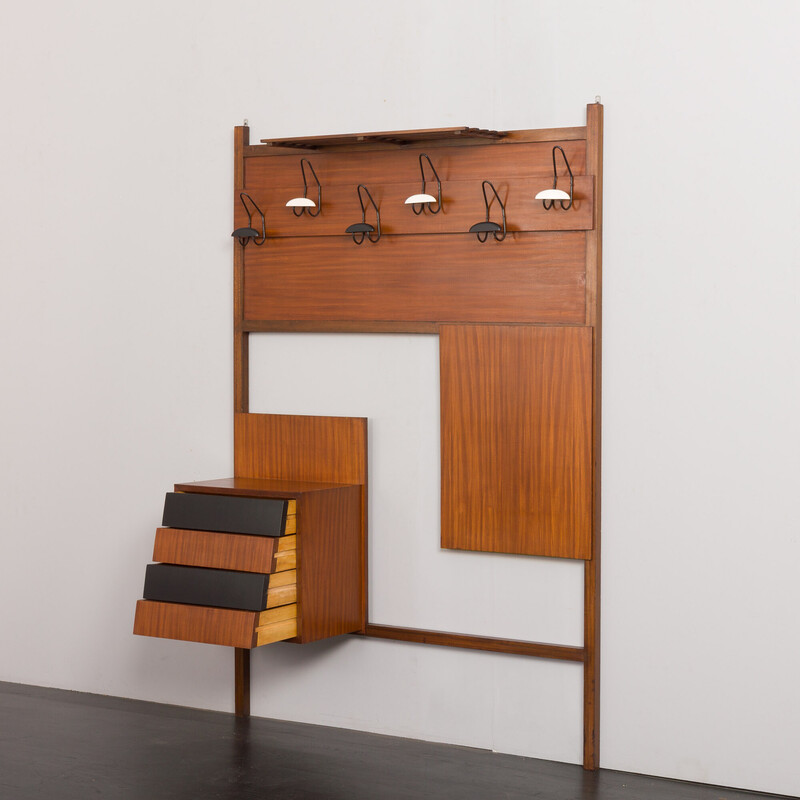 Vintage mahogany coat rack with chest of drawers, Italy 1970