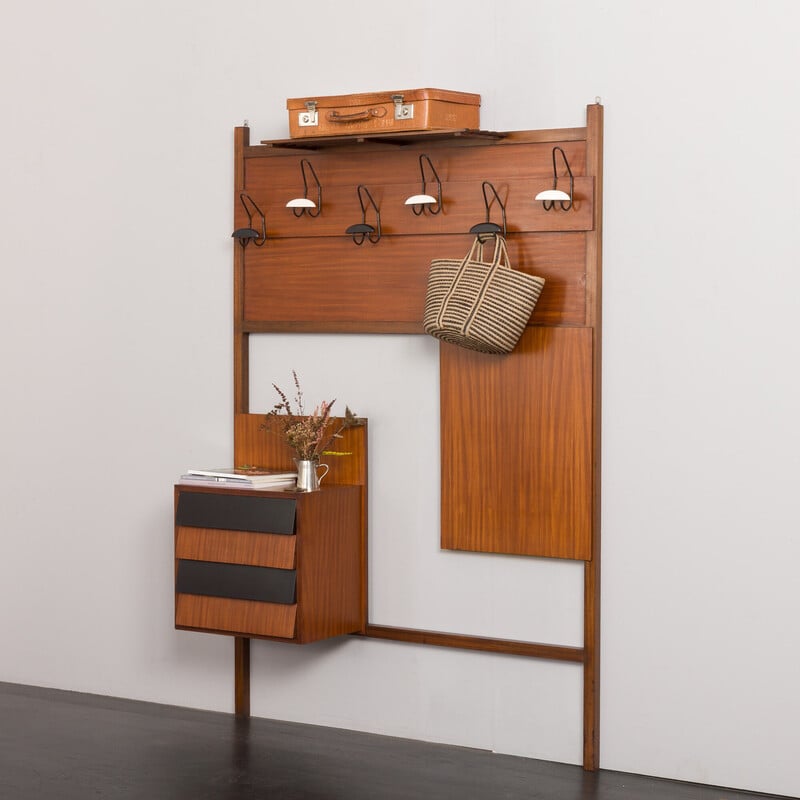 Vintage mahogany coat rack with chest of drawers, Italy 1970