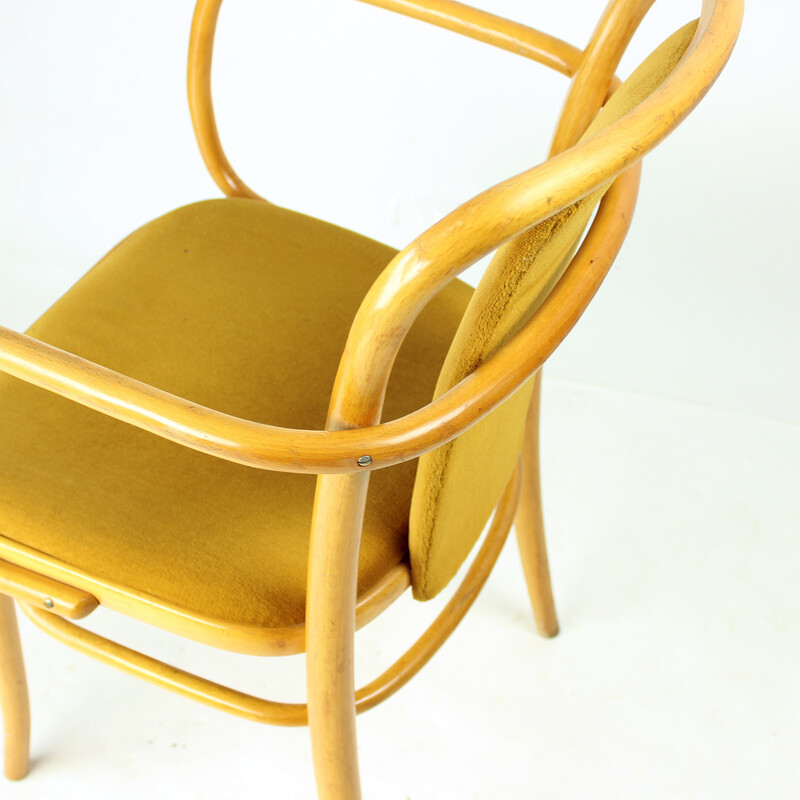 Fauteuil vintage en bois courbé et tissu velours doré pour Ton, Tchécoslovaquie 1930