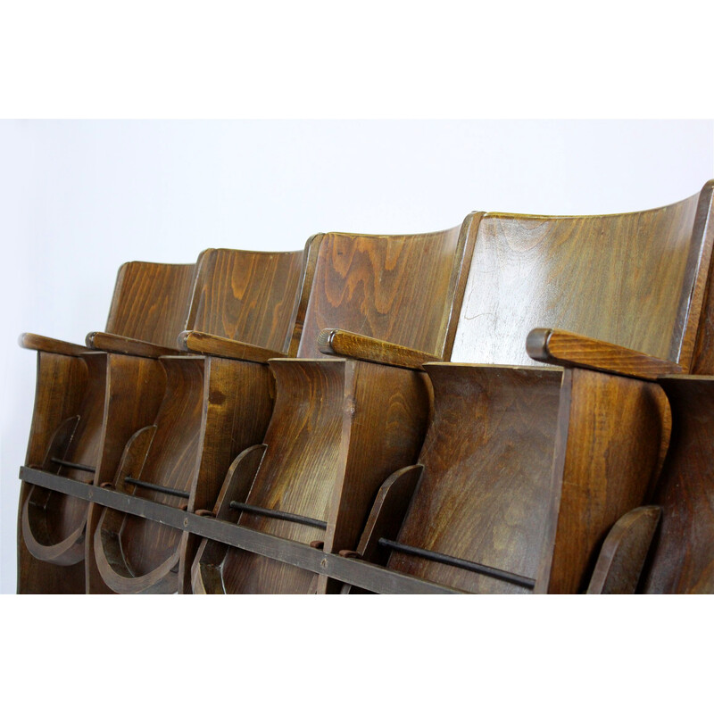Vintage cinema benches in beech wood and curved plywood for Ton, 1960