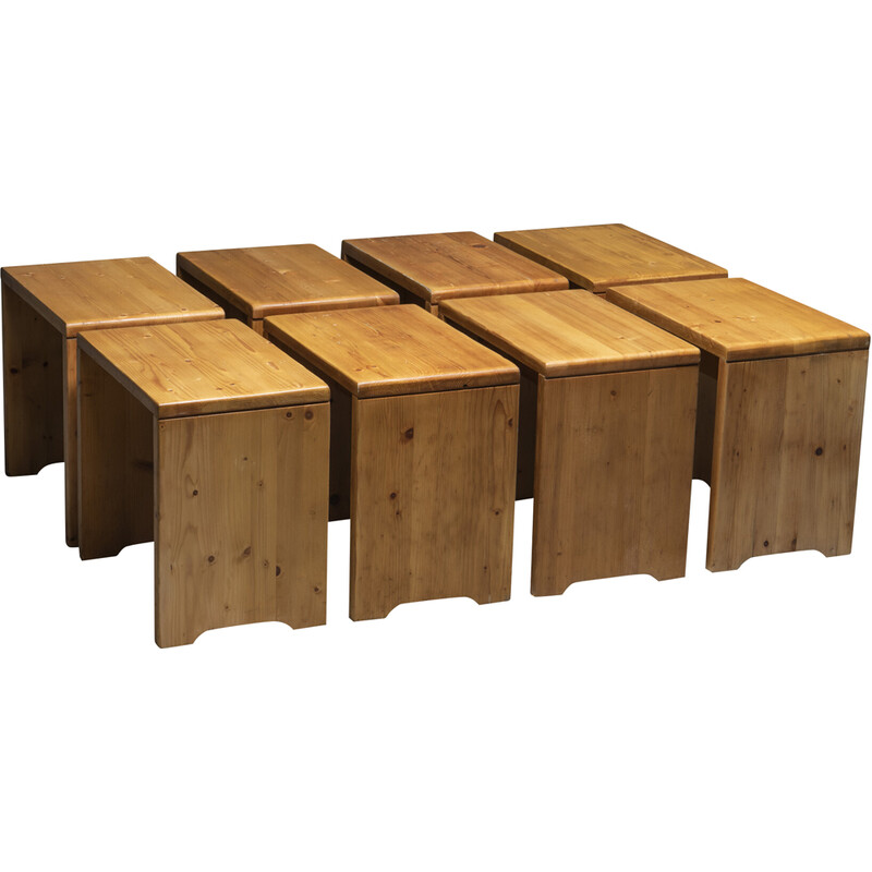 Set of 8 vintage stools in solid pine, selected by Charlotte Perriand for Les Arcs, France 1960